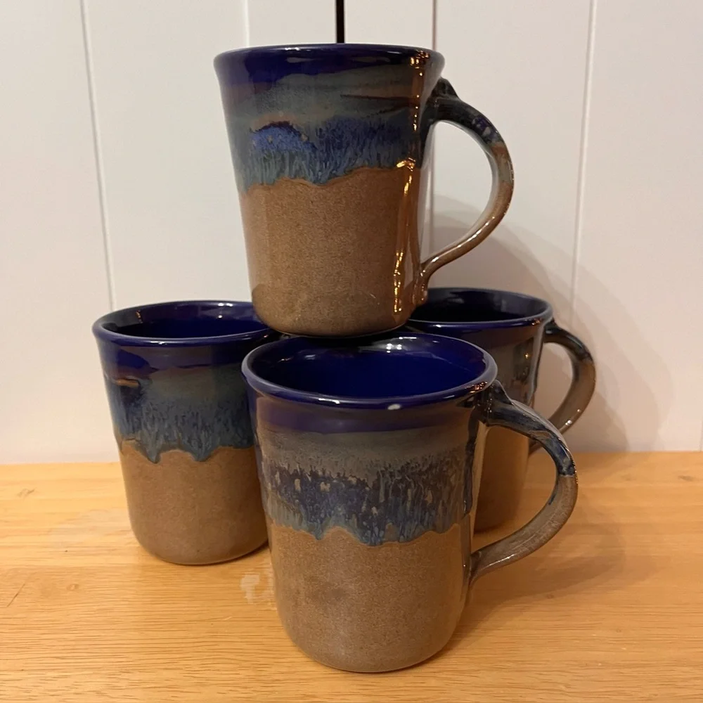 Neher Art Pottery 2020 Drip Glaze Tan & Blue Coffee Mugs Set of 4 Signed Exc! - Picture 1 of 4